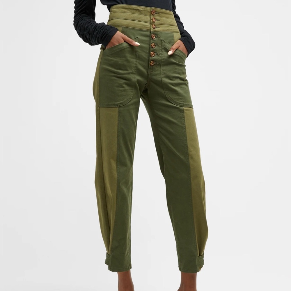 VERONICA BEARD MARLEY GREEN BUTTON FLY HIGH RISE ADJUSTABLE HEM PANTS SZ 24